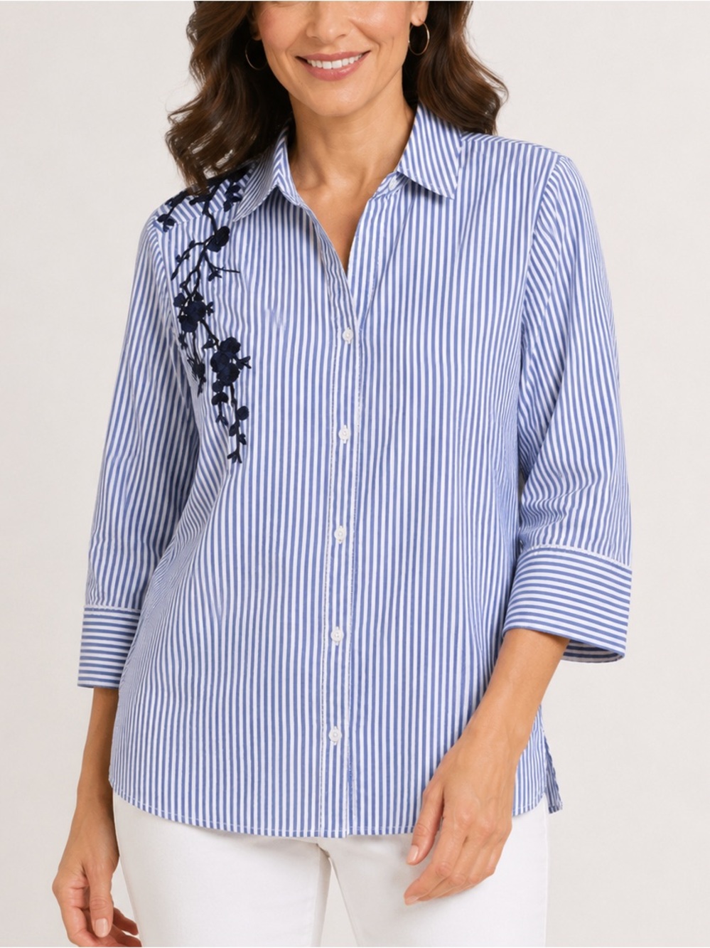 Chico’s Blue White Stripe Floral‎ Embroidered Button Shirt 2 L 3/4 Sleeve Rosort